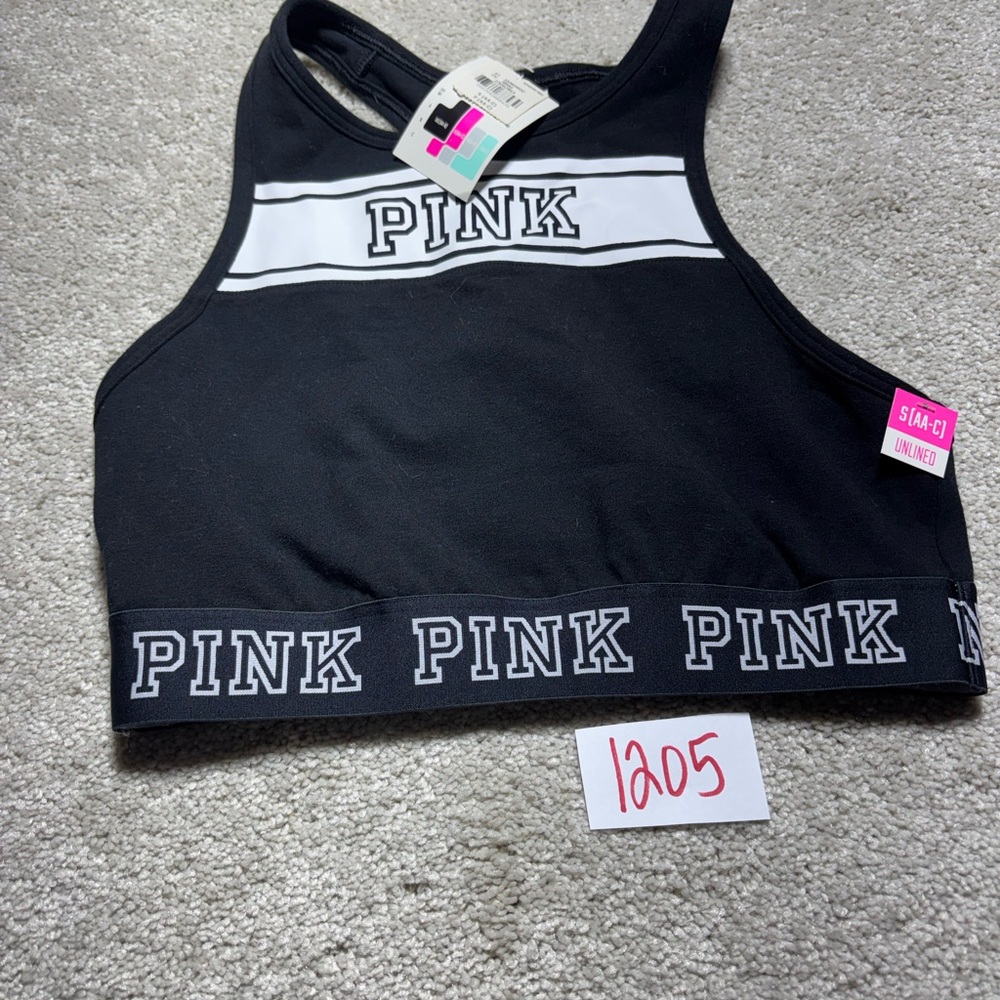 PINK Victorias Secret Women Crop Sports Bra Top Cotton Black White Small NWT